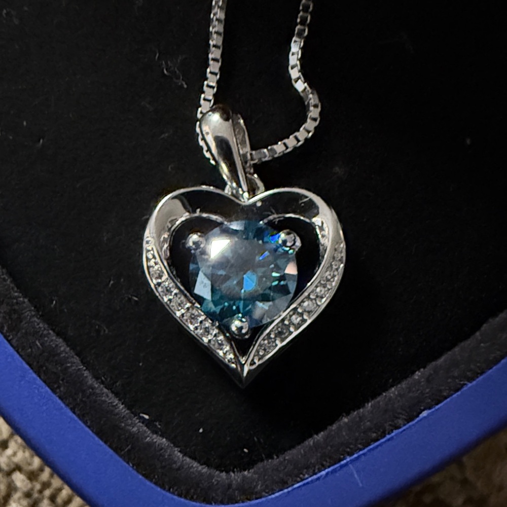 Heart Pendant 925 Necklace with Blue Stone with small CZ stones on both sides